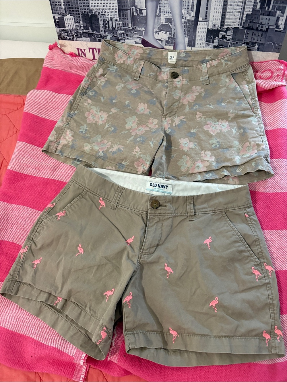 Old Navy Tan Floral and Flamingo Embroidered Cotton Shorts Duo